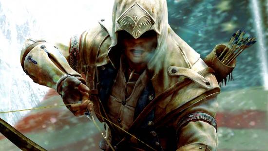 Assassin's Creed 3 one cat: an image of a hooded man drawing a bow string