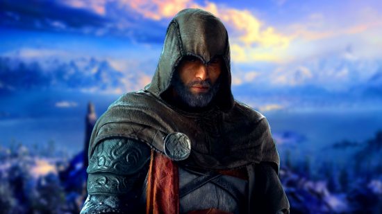 Assassin's Creed Basim game need: an image of Basim on a background showing England landscapes