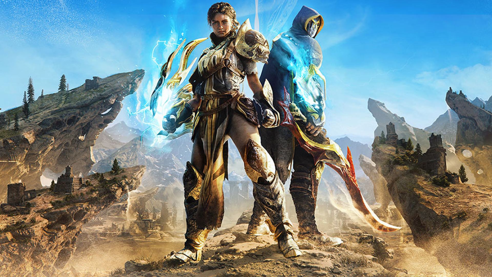 Atlas Fallen: Two heroes can be seen standing on a hillside.
