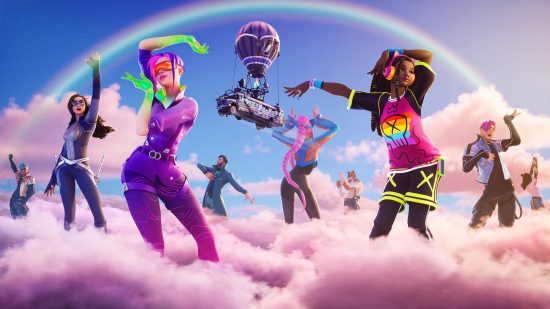 Meilleurs jeux PS5 gratuits: plusieurs personnages de Fortnite dansent dans les nuages