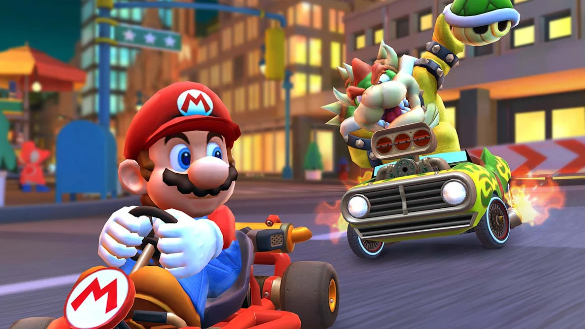 MArio Kart 8 Deluxe best kart: Mario swerves as Bowser hunts him down with a shell