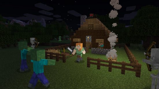 Bext Xbox open world games: A player runs out with a sword to attack zombies in the dark in Minecraft