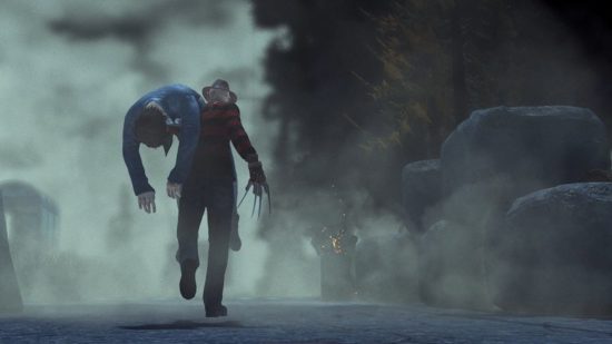 best ps5 horror games: Freddie Kreuger carries a survivor off into the fog in Dead By Daylight