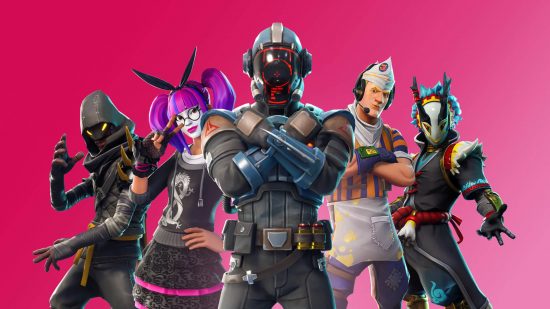 PS5 multiplayer games: Five Fortnite players stand ready for action on a pink background