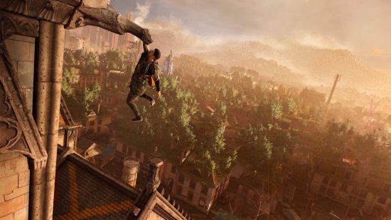 PS5 open world games: someone doing parkkour hangs from a ledge above a city in Dying Light 2