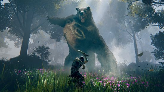 PS5 open world games: A tarnished fights a massive bear in Elden Ring