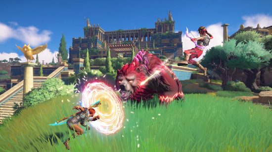 PS5 open world games: a player fights a bear in Immortals Fenyx Rising