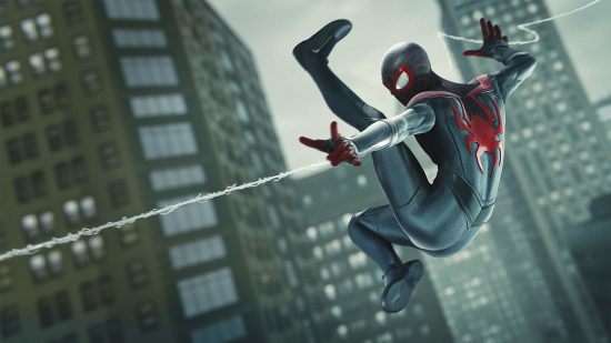 PS5 open world games: Spider-Man shoots a web while flying through New York in Spider-Man Miles Morales