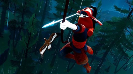 PS5 Dunia Game: Ninja nganggo busur lan panah ing dalan tanpa peteng