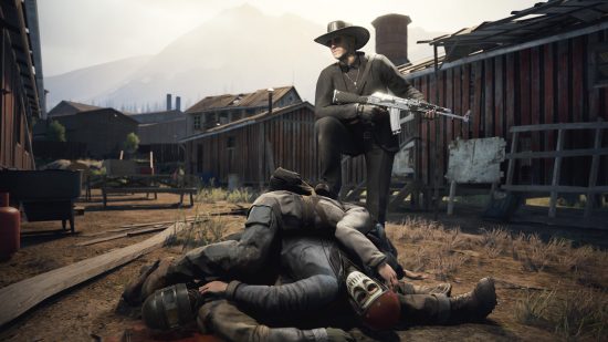 Best PS5 survival games: A Cowboy with an AK47 leans his foot on three dead bodies in Vigor