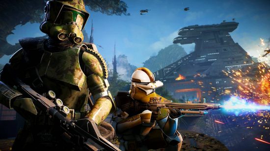 Best Star Wars games PS5: Two troopers fighting in Star Wars Battlefront 2