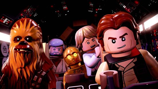 Best Star Wars games Xbox: Chewbacca, Luke, CP3O, and Han Solo on a spaceship in Lego The Skywalker Saga