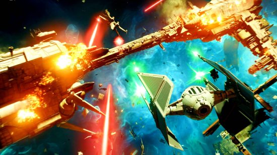 Best Star Wars games Xbox: A tie fighter engages in a space battle in Star Wars Squadrons