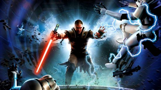 Best Star Wars games Xbox: a jedi uses the force to throw stormtroopers out of the way in The Force Unleashed