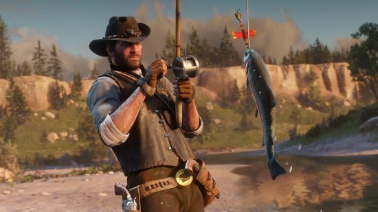 Best Xbox open world games: Arhur Morgan reels in a big fish in Red Dead Redemption 2