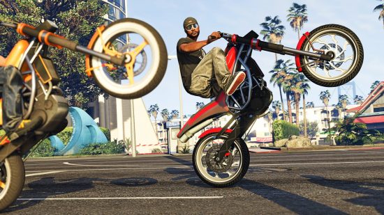 Best Xbox Open World games: A man on a motorcycle does a wheelie in GTA 5