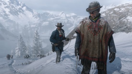 Best Xbox open world games: two cowboys lead the pack in the snow in Red Dead Redemption 2