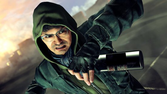 Best Xbox RPG games: A player wearing a hood and fingerless gloves grabs a bottle in Yakuza Like a Dragon