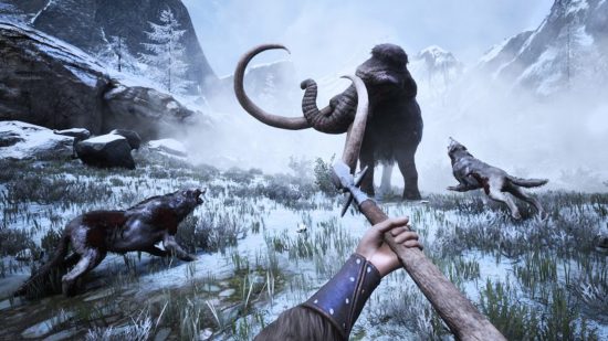 Best Xbox survival games: A player holds a spear up to a woolly mammoth in Conan Exiles