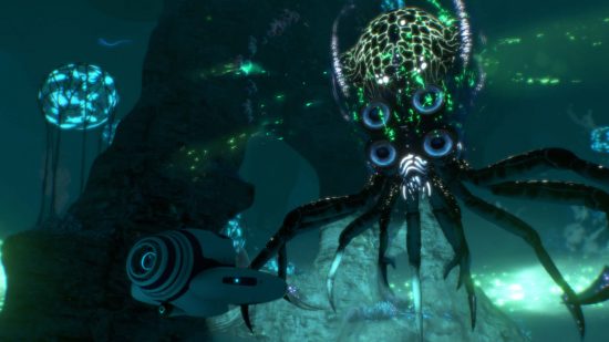 Best Xbox survival games: A octopus creature gets ready to fight a ship in Subnautica 