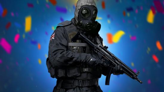 CSGO Tuscan Tenth Anniversary: an image of a CSGO player surrounded by confetti