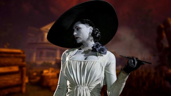 Dead By Daylight want Lady Dimitrescu killer: an image of a tall woman in a white dress and a dark summer hat in front of a large house