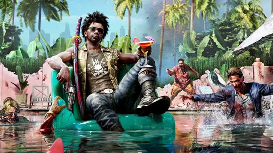 Dead Island 2: A man can be seen on a pool float as zombies walk throught the water to get to him