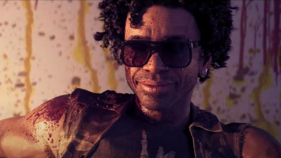 Dead Island 2 gameplay: A man in sunglasses and covered in blood smiles