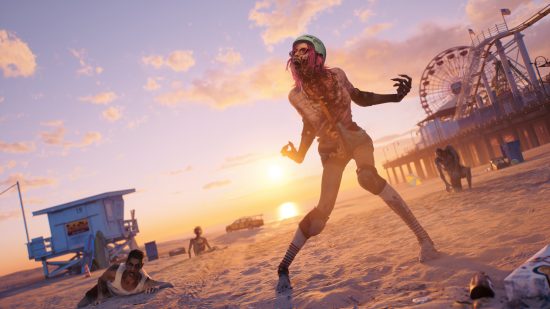 Dead Island 2 gameplay: A zombie wearing a crash helmet on a Venice Beach in LA