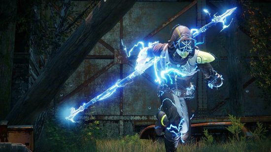 Destiny 2 Arc 3.0 Hunter: A Guardian pulsing with blue electricity runs with a long staff