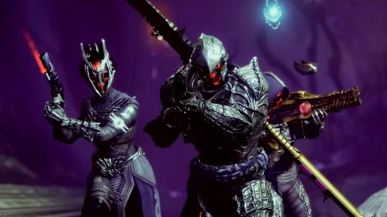 Destiny 2 Exotic anti-champion buffs: A fireteam wearing black armour sets advance with their weapons drawn