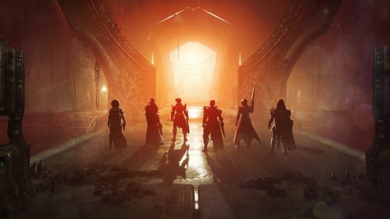 Destiny 2 Kings Fall release time: silhouettes of six Guardians standing in front of a doorway glowing with orange light