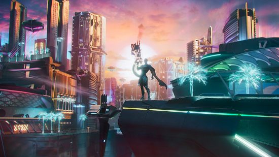 Destiny 2 Lightfall reveal trailer: A Cloud Strider holding a rocket launcher stands in front of a futuristic cyberpunk city