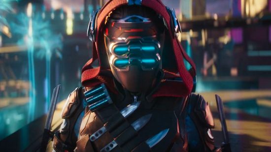 Destiny 2 Lightfall reveal: A guardian wearing a red and blue helmet walks through a cyberpunk city