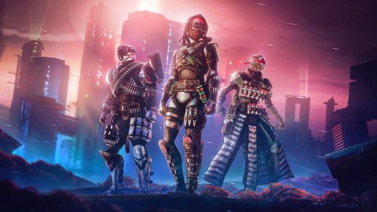 Destiny 2 Lightfall reveal trailer: Three guardians stand in front of a cyberpunk city skyline in Destiny 2 Lightfall
