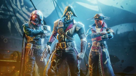Destiny 2 Season of Plunder: three guardians wearing pirate-themed armour sets
