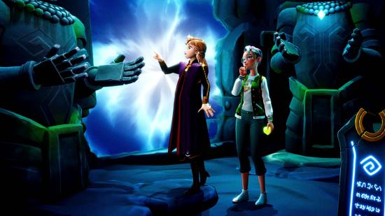 Disney Dreamlight Valley game pass: An image of Anna and a player looking at statues