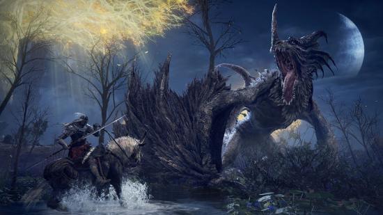 Elden Ring June 2022 Sales: A player can be seen riding up to a dragon in a small lake