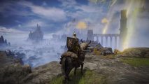 Elden Ring patch 1.06 notes: An elden ring player mounted on their horse looks out a castle in the distance