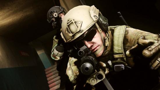 Escape From Tarkov Arena esports: A close up of a soldier wearing sungalsses looking down the sight of an assault rifle