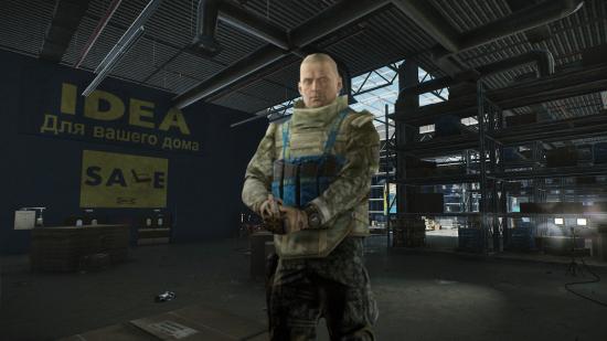Escape From Tarkov IDEA rig airsoft: an image of an EFT avatar wearing a blue chest rig