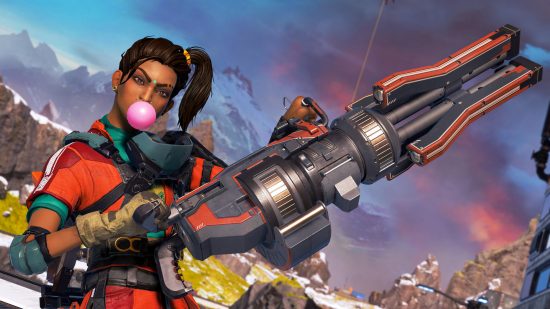 Best free Xbox games: Rampart holds a gun while blowing bubbles in Apex Legends