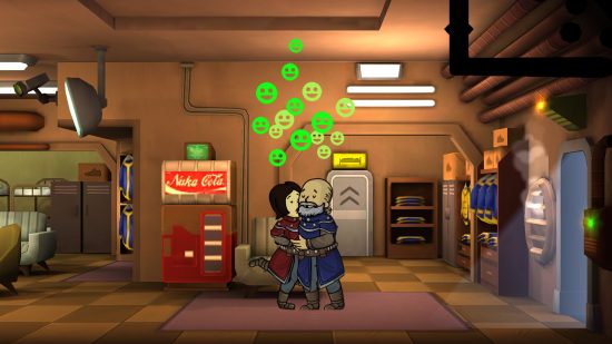 Los mejores juegos gratuitos de Xbox: Dos habitantes de bóveda se abrazan en Fallout Shelter
