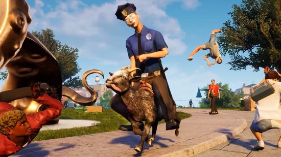 Goat Simulator 3 gameplay trailer Opening Night Live 2022: A police officer riding a goat