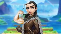 MultiVersus Arya buffs: splash art of Arya Stark in MultiVersus, but with a muscular arm photoshopped onto her