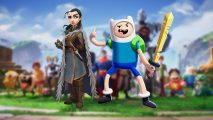 Multiversus assassin changes: Arya Stark and Finn imposed onto a blurred image of the entire Multiversus roster