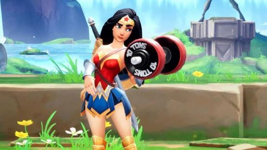 MultiVersus Battle Pass: Wonder Woman can be seen lifting a weight