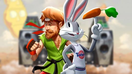 MultiVersus hitbox bugs fix coming: an image of Shaggy in a Karate Gi and Bugs Bunny in a Tune Squad jersey