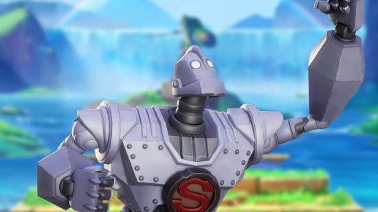 MultiVersus Iron Giant combos: an image of a giant robot fist pumping the sky