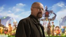 MultiVersus Walter White: An image of Breaking Bad's Walter White imposed over a blurred image of the MultiVersus roster